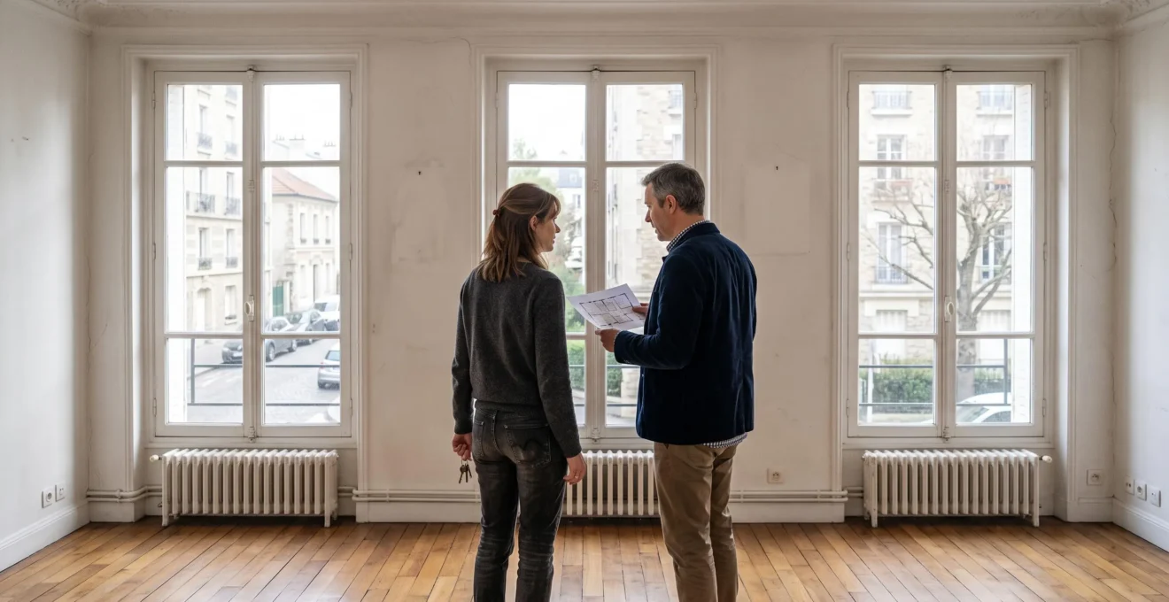 Un couple visite le salon vide d'un appartement ancien avant son achat.