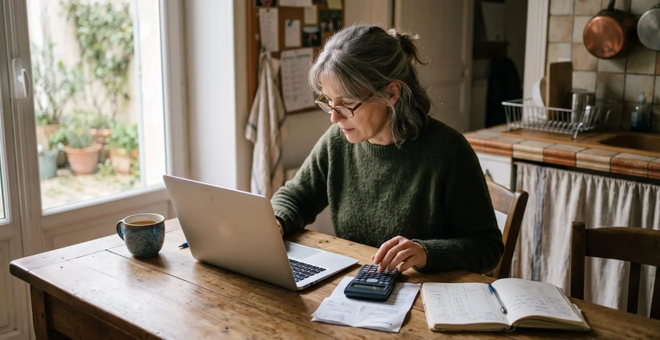 Une femme calcule son budget à la maison entre deux relevés bancaires.